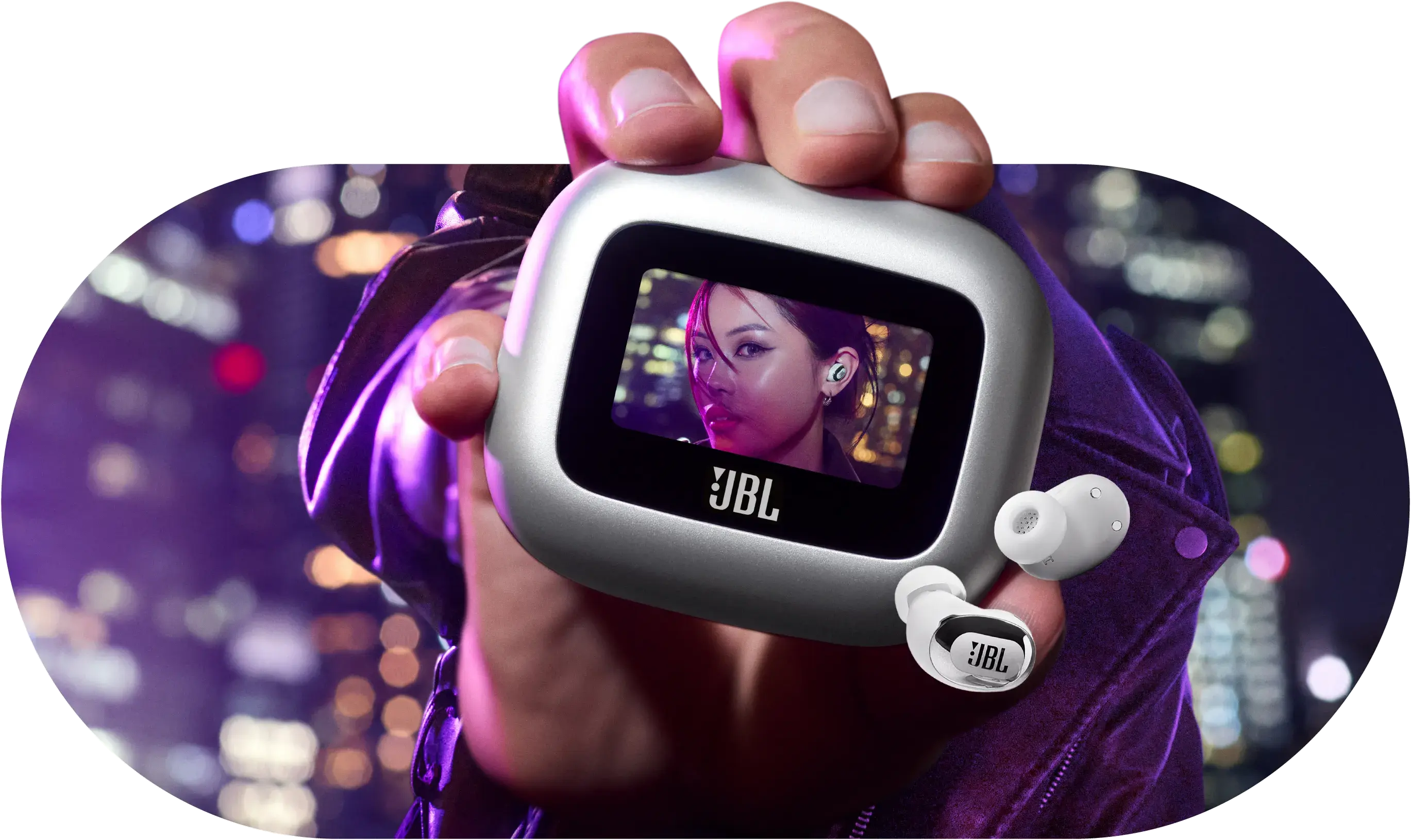 美品 JBL LIVE BUDS 3 パープル ディスプレイ搭載 JBL Live Buds 3 Noise-Cancelling Earbuds with Smart Case (Purple